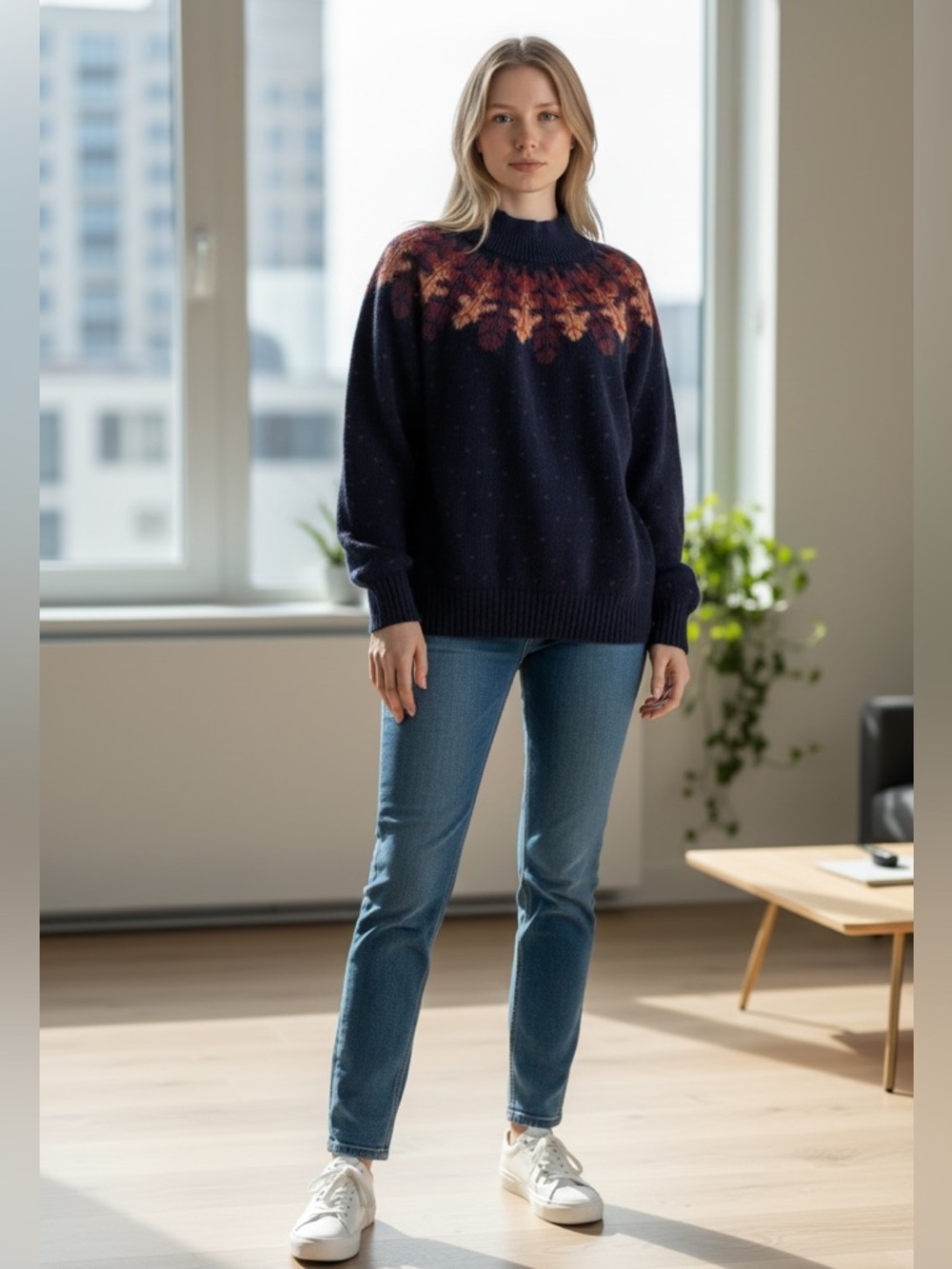 Van Heusen Hand Embroidered Navy Sweater with Autumn Leaf - L